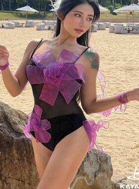 KAYASUBA紫色花瓣性感露背超仙连体名媛纯欲重工立体度假旅行泳衣