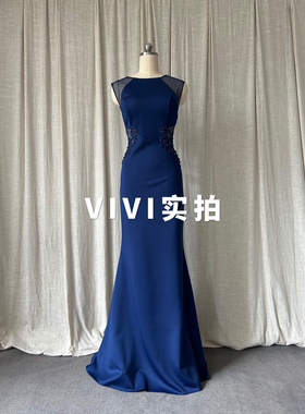 宝蓝色弹力棉修身显瘦礼服主持表演年会晚装