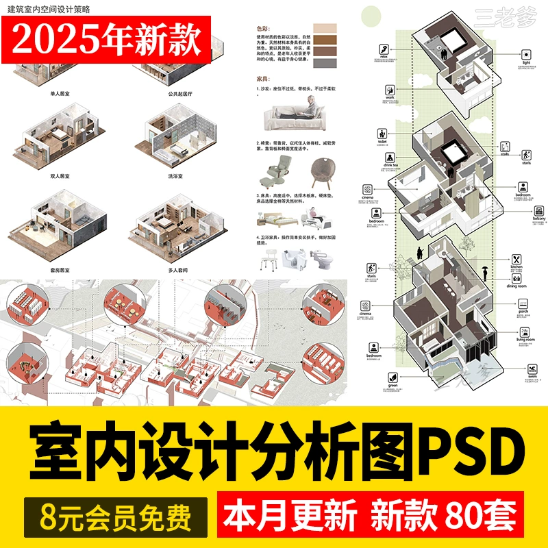 小场景节点分析图psd素材 装配家具模块设计室内活动功能轴测图ps