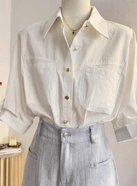 法式双口袋白色短袖衬衫女2025夏设计感宽松通勤衬衣休闲气质上衣