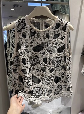 欧洲站蕾丝衫女网纱衬衫上衣2024夏新款圆领镂空衬衣无袖背心外套
