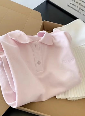 韩版粉色polo领正肩短袖T恤女2025春夏新款通勤休闲宽松显瘦上衣