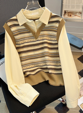 2025春秋新款韩版Polo领假两件拼接毛衣衬衫女设计感别致长袖上衣