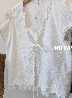 MUYANG 夏季 小众设计 开襟绑带假两件刺绣花边木耳衬衫 显瘦衬衣