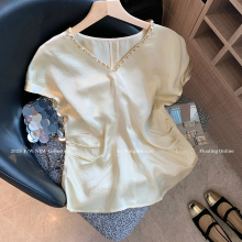 法式钉珠V领醋酸无袖上衣女2025夏季新款高级感气质减龄收腰背心