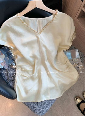 法式钉珠V领醋酸无袖上衣女2025夏季新款高级感气质减龄收腰背心
