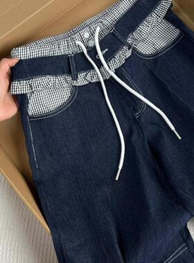 深蓝色拼接高腰直筒牛仔裤女2025春季时尚潮流设计感梨型身材裤子