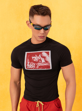 CLP黑色Lazyboy复古人像印花短袖T恤男女冰丝千禧Y2K紧身高弹miu