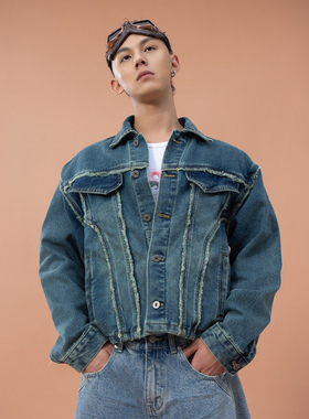 CLP蓝色毛边拼接设计牛仔夹克男宽松短款复古休闲外套机车痞帅潮