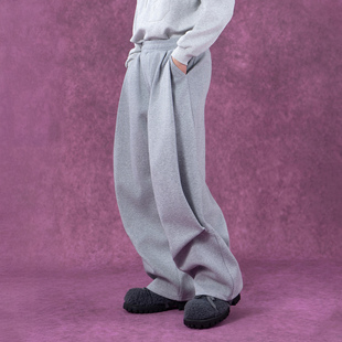 弹力宽松阔腿直筒垂感 卫裤 CLP灰黑色立体裁剪松紧腰休闲裤 运动裤