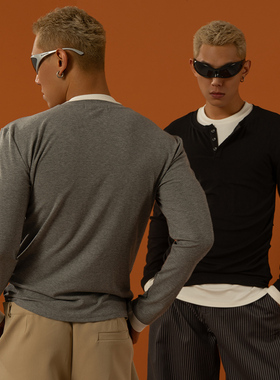 CLP黑灰色假两件叠穿亨利领长袖T恤男修身打底衫休闲宽松弹力上衣