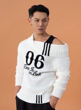 CLP白色可露肩设计高领提花长袖针织衫毛衣男女宽松休闲翻领弹力