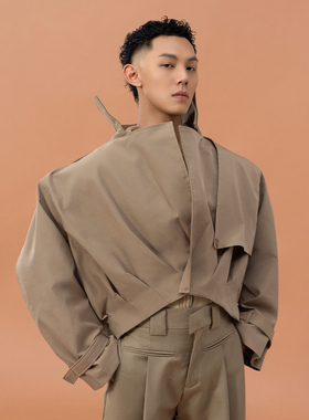 CLP卡其色黑色廓形短款风衣夹克外套男宽松休闲拼接设计感多层次