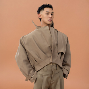 CLP卡其色黑色廓形短款 风衣夹克外套男宽松休闲拼接设计感多层次