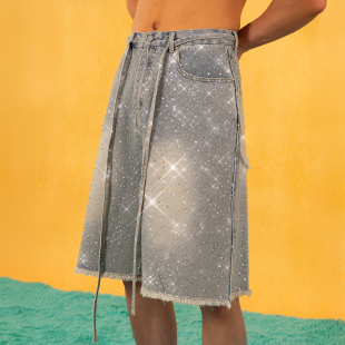 CLP蓝色爆闪满钻五分牛仔裤 男女抽绳宽松阔腿毛边休闲复古潮 短裤