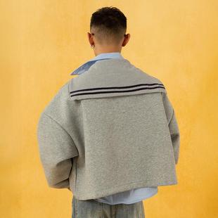 CLP灰藏青色条纹海军领短款 卫衣男套头拉链高领宽松廓形休闲 长袖