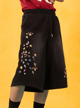 CLP黑色卡通印花七分运动休闲裤短裤男女松紧腰宽松阔腿直筒弹力