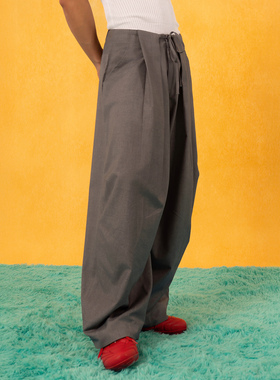 CLP灰色抽绳裤褶休闲裤西裤男宽松阔腿直筒褶皱垂感复古潮流拖地