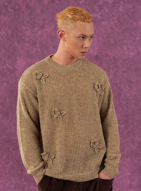 CLP黑色卡其色立体钩花针织衫毛衣男女长袖宽松休闲复古羊毛套头