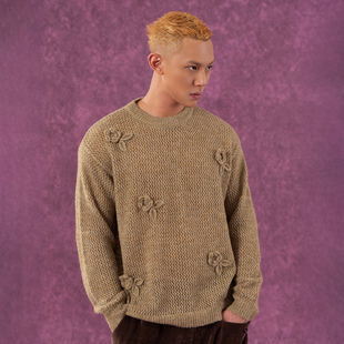 CLP黑色卡其色立体钩花针织衫 宽松休闲复古羊毛套头 毛衣男女长袖