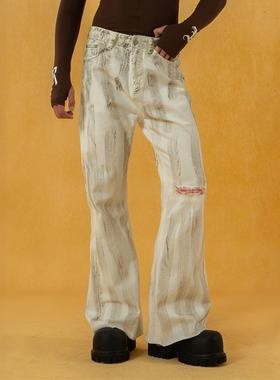 CLP白色镰刀印花复古超长拖地喇叭牛仔裤男修身直筒显高刮烂刷漆