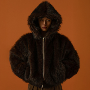 CLP黑红仿皮草连帽拉链卫衣毛衣外套男女宽松廓形亮面潮复古高级