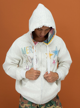 CLP灰色拉链彩色蕾丝格子印花拉链卫衣上衣男女开衫长袖运动宽松