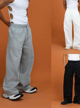 CLP黑白灰色松紧腰拼接运动裤休闲裤男宽松阔腿直筒长裤抽绳弹力