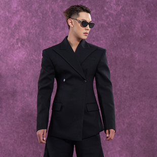 宽肩垫肩酷飒潮 长袖 CLP黑灰色收腰复古休闲西装 西服外套男女修身