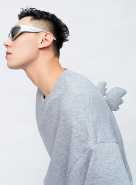 CLP灰色原创懒天使Langel翅膀卫衣男女廓形长袖宽松休闲日系慵懒