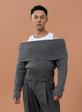CLP灰色露肩宽领长袖羊毛针织衫毛衣男女修身休闲复古慵懒风弹力