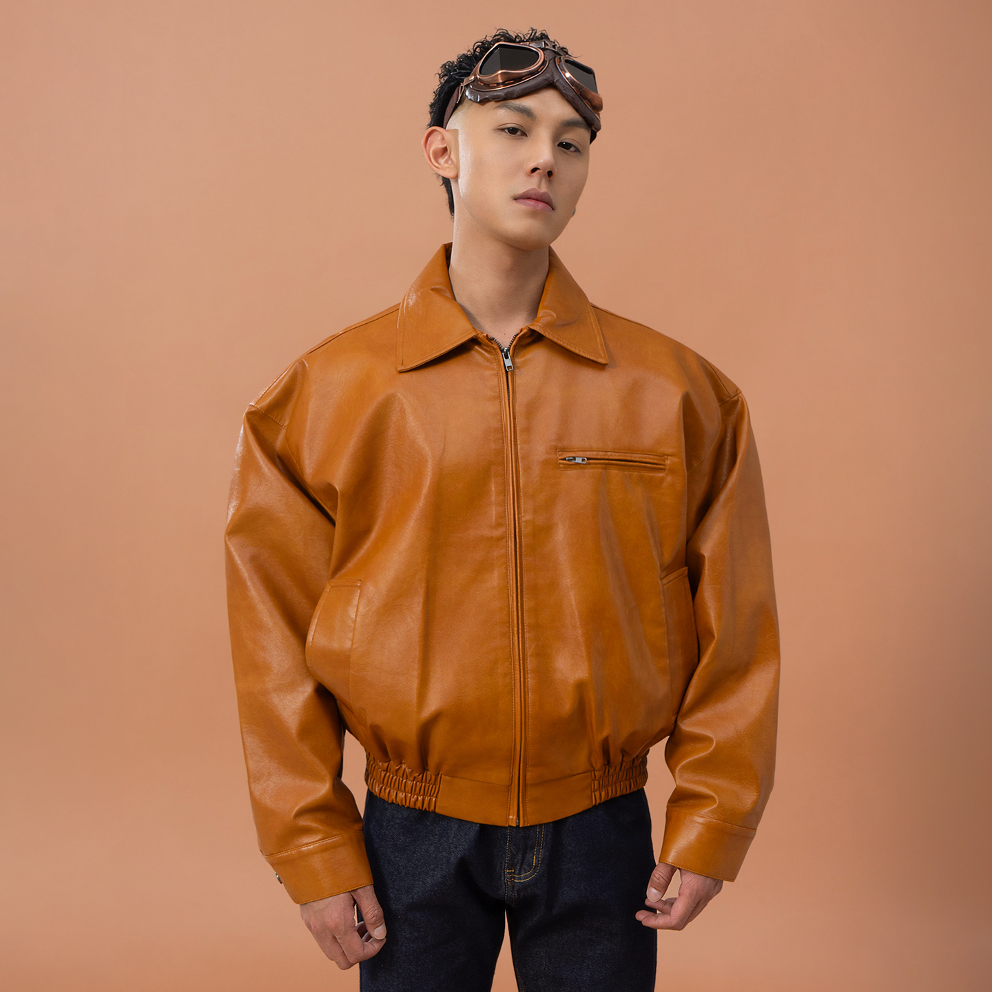 CLP棕色廓形拉链翻领仿皮衣夹克