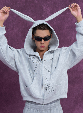 CLP灰色卡通兔耳朵印花连帽卫衣夹克外套男短款宽松休闲运动开衫