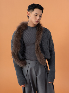 CLP灰色仿皮草毛领披肩针织开衫毛衣男女宽松短款外套复古弹力潮