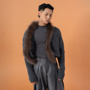 CLP灰色仿皮草毛领披肩针织开衫 外套复古弹力潮 毛衣男女宽松短款