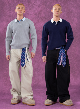 CLP蓝灰色撞色假两件翻领毛衣针织衫男麻花肌理长袖休闲复古miu系