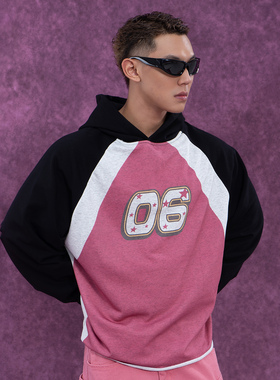 CLP黑红色印花插肩袖连帽阔型卫衣男女宽松套头撞色休闲运动长袖