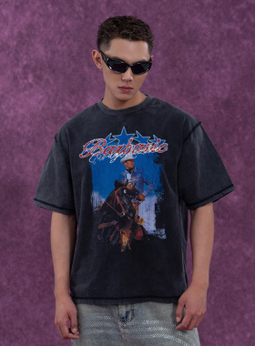 CLP x 202灰色复古牛仔印花休闲T恤男短袖宽松美式街头做旧潮chic