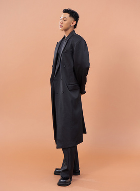 CLP黑色缎面长款风衣大衣西装外套男宽松阔型亮面垫肩休闲高级感