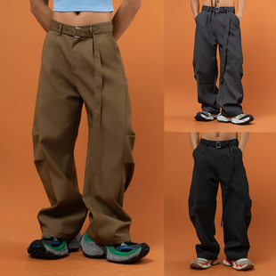 男女宽松直筒垂感潮流弯刀裤 西裤 褶阔腿休闲裤 CLP黑灰咖色腰带裤