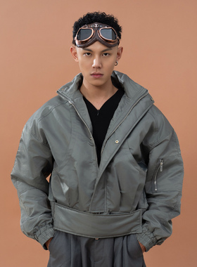 CLP灰黑色落肩阔型收腰设计短款夹克外套男宽松休闲机能风棉服潮