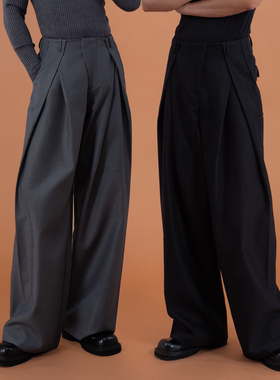 CLP灰黑色立体裤褶西裤侧口袋阔腿休闲裤拖地宽松垂感高级感复古