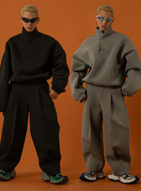 CLP灰黑色立领空气层套头卫衣男宽松廓形上衣长袖直筒潮弹力外套