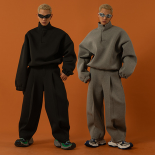 CLP灰黑色立领空气层套头卫衣男宽松廓形上衣长袖 直筒潮弹力外套