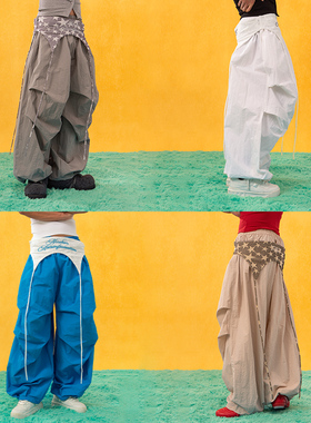 CLP卡其灰白蓝大阔腿松紧腰屁帘抽绳休闲裤男宽松褶皱叠穿肥大Y2K