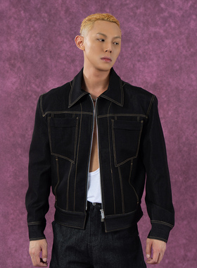 CLP蓝黑色工装牛仔夹克外套男翻领拉链宽松多口袋宽肩复古休闲潮