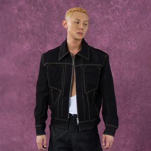 CLP蓝黑色工装 牛仔夹克外套男翻领拉链宽松多口袋宽肩复古休闲潮