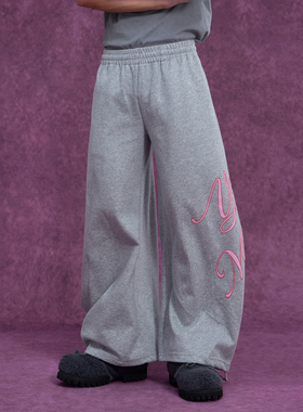 CLP灰色文字印花运动卫裤松紧腰宽松阔腿直筒美式休闲裤弯刀裤潮