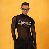 CLP红黑镂空网纱透视长袖 T恤修身 紧身英文字母高领Y2K夜店蹦迪miu