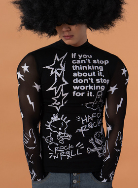 CLP黑色涂鸦印花镂空网纱长袖T恤上衣男修身紧身休闲打底街头透视